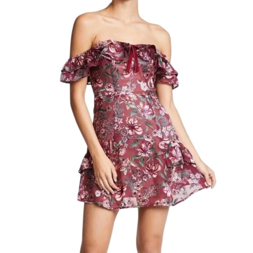 For Love & Lemons Berry Floral Off The Shoulder Flora Mini Dress